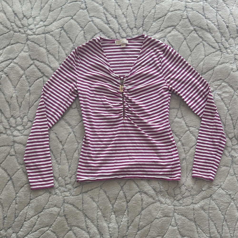 S-Medium Michael Kors Pink and White Striped Long Sleeve Top